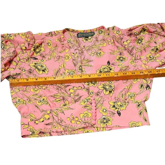 Signature8 Crop Top Blouse Balloon Sleeves Plunge Neck Pink Floral Button Small - Picture 9 of 12